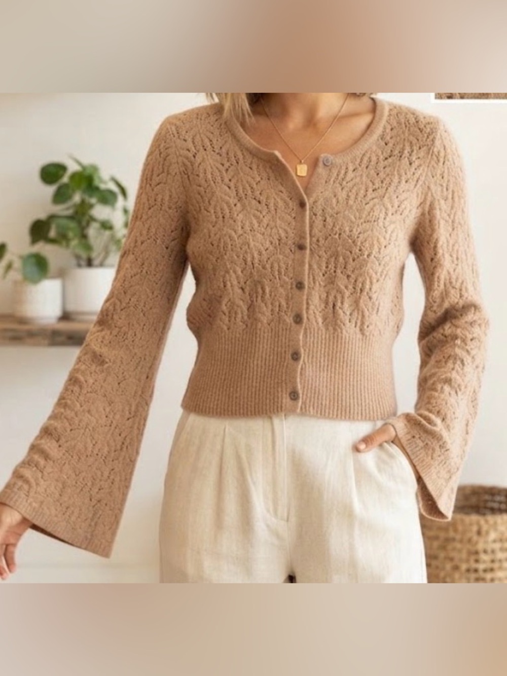 Nectar- Brown Open-Knit Button-Up Cardigan Sweater with Bell Sleeves Small